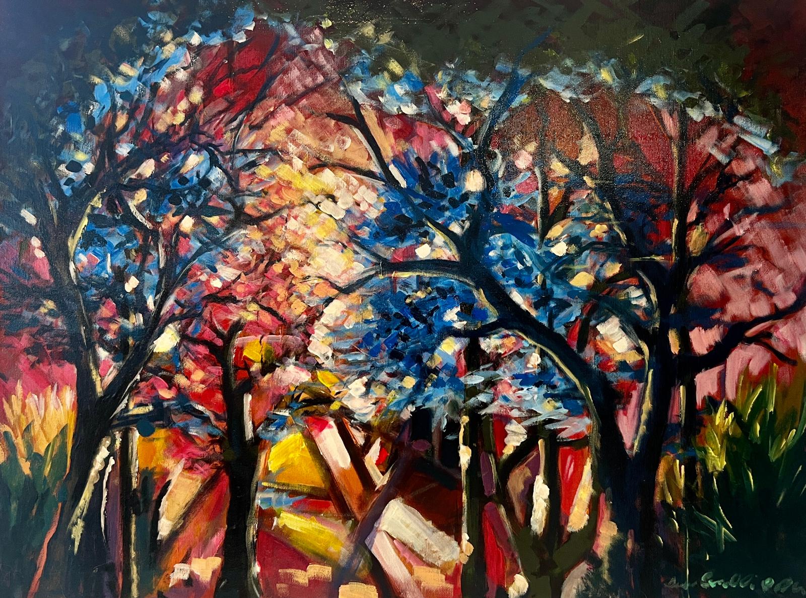 Opera BC-12: alberi notturni dai colori blu, rosa e rossi