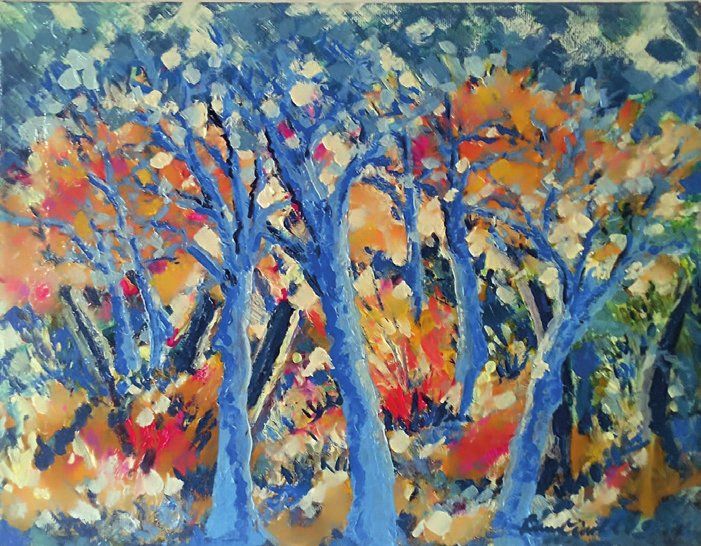 Bosco d'autunno, blu e ambra